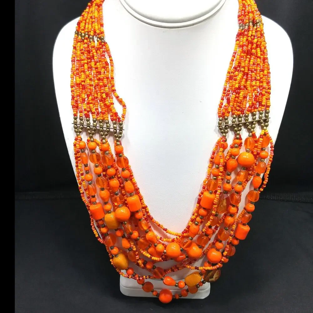 Vintage Czech Glass Bead Necklace, Orange Multistrand Boho Jewelry, 23 Inch